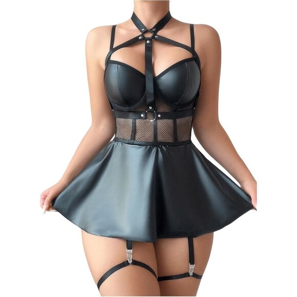 Women Black Solid PU Leather Buckled Halter Backless Bra and Skirt Lingerie Set - Picture 1 of 5